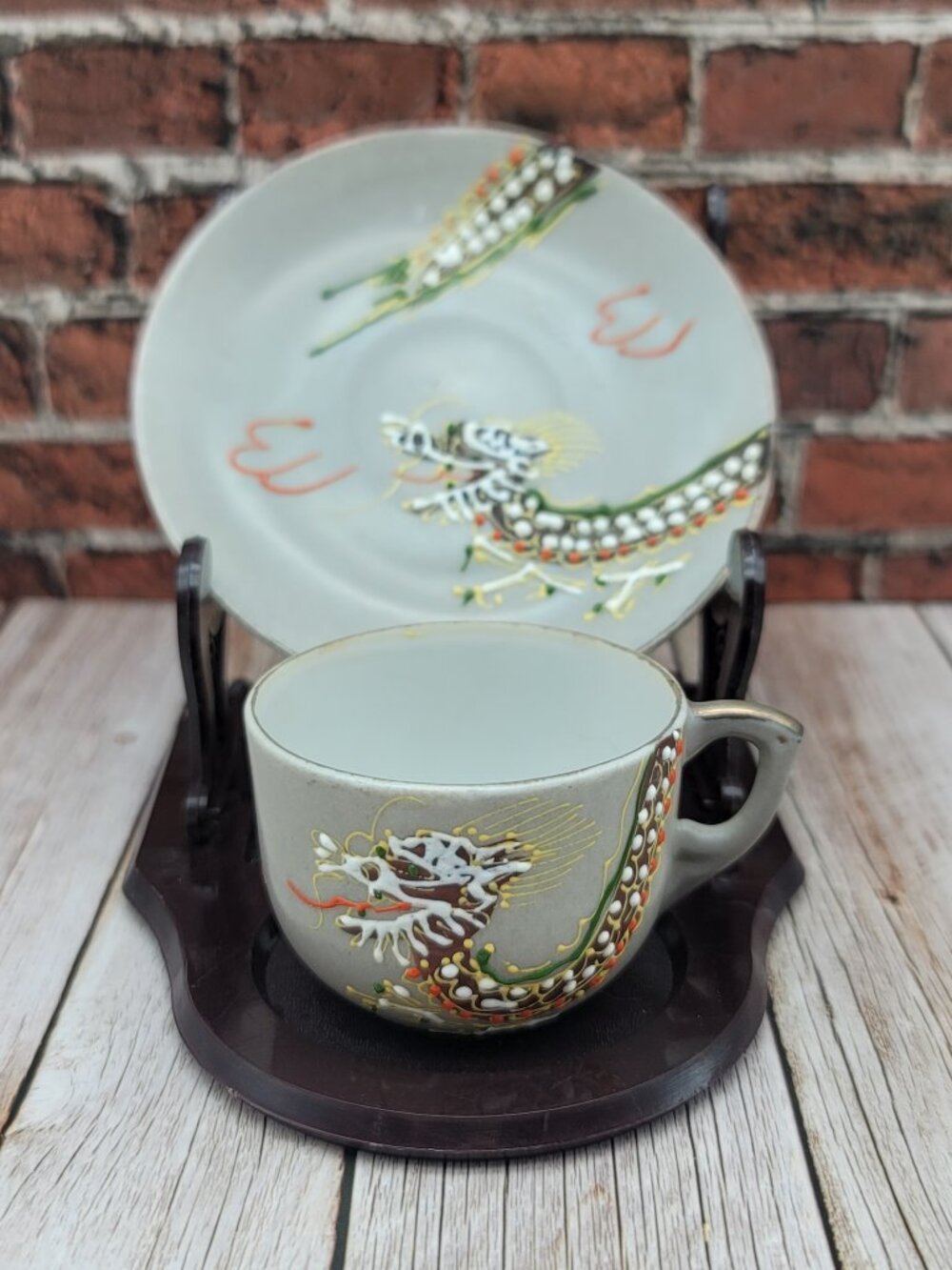 Occupied Japan Hand painted Gray Moriage Porcelain Dragonware Mini Cup & Saucer - Picture 2 of 12